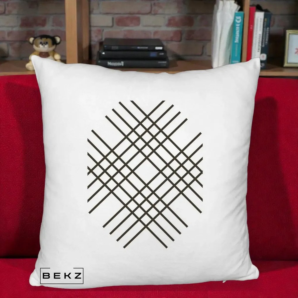 Perna Decorativa Geometric Grid, 40x40 cm, Alb Pufos, Husa Detasabila, Perna Inclusa, BEKZ®