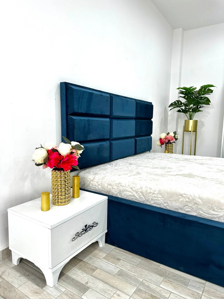 Dormitor Roma, culoare albastru / alb, cu pat Roma 160 x 200 cm, dressing Erika si 2 noptiere Viena