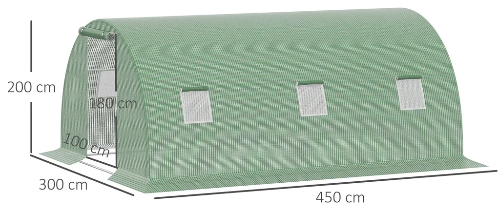 Outsunny Seră Tunel Mare pentru Plante, Copertină PE, Ușă cu Fermoar și 6 Ferestre, 450x300x200 cm, Verde | Aosom Romania