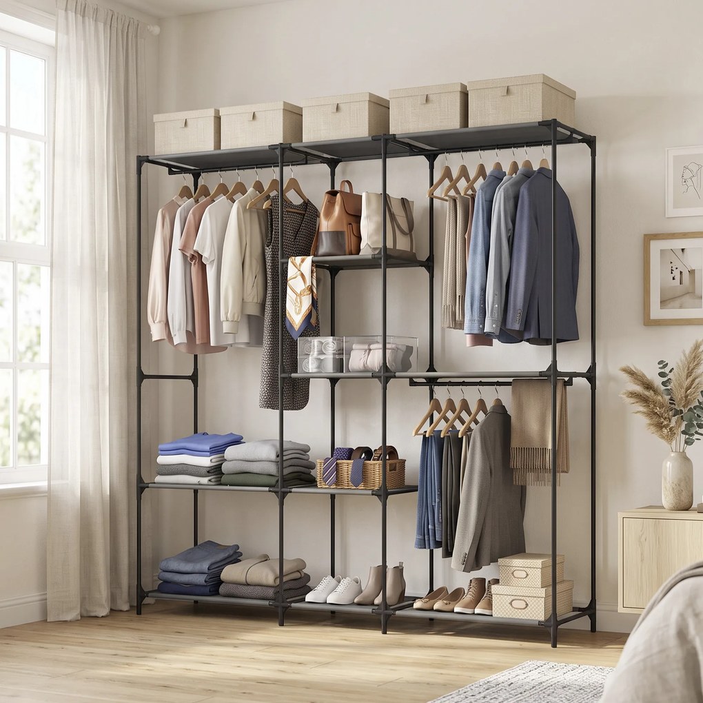 HOMCOM Dulap Textil Compact cu 3 Bare pentru Umerașe, 5 Rafturi și Structură din Oțel, 182 x 43 x 182 Cm, Negru | Aosom Romania