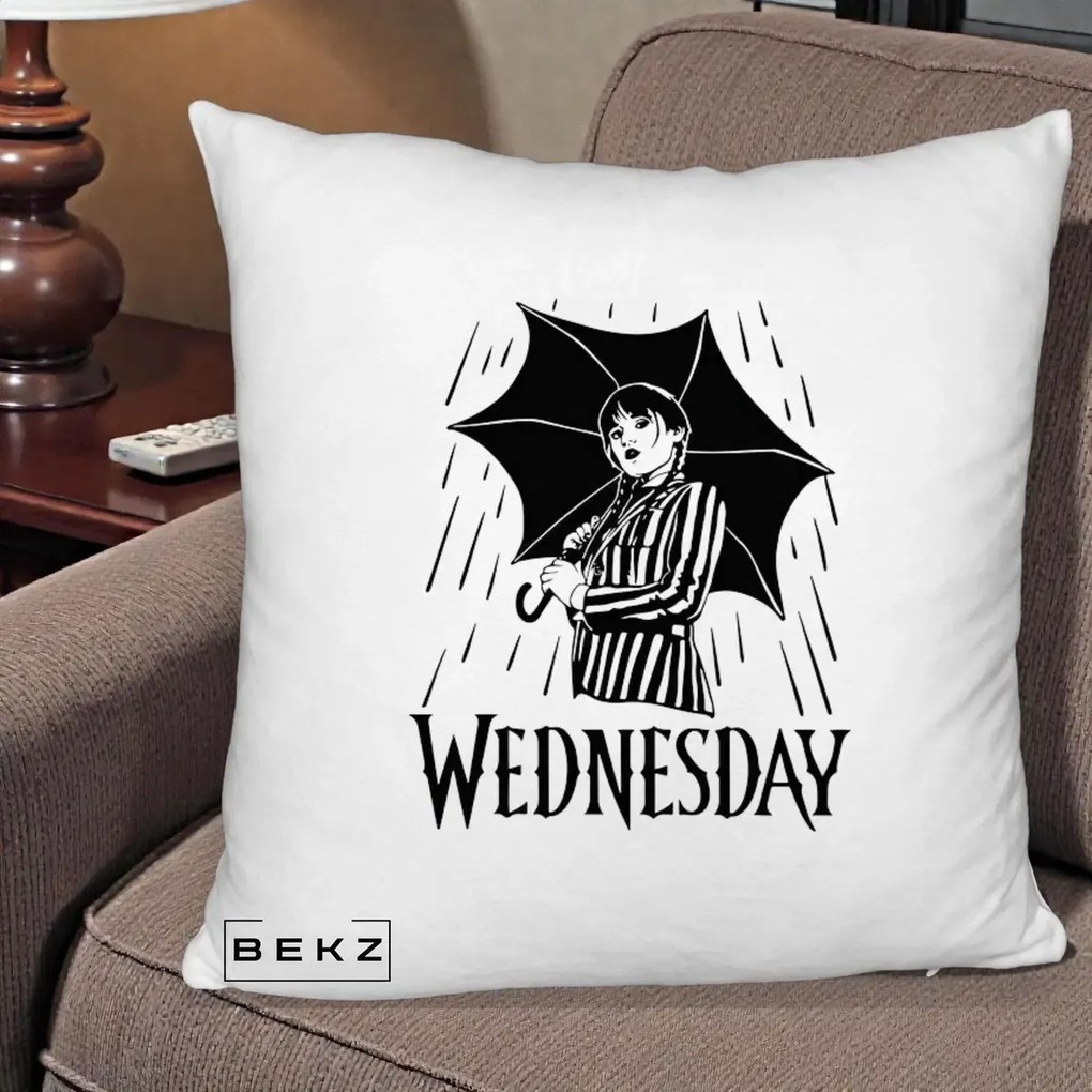 Perna Personalizata Wednesday cu Umbrela Ploaie Lineart, 40x40 cm, Alb Pufos, Husa Detasabila, Perna Inclusa, BEKZ®