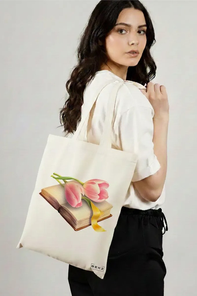 Sacosa de Panza pentru Cumparaturi, Geanta Tote, model Books 37 38 x 34.5 cm, Alba, BEKZ®