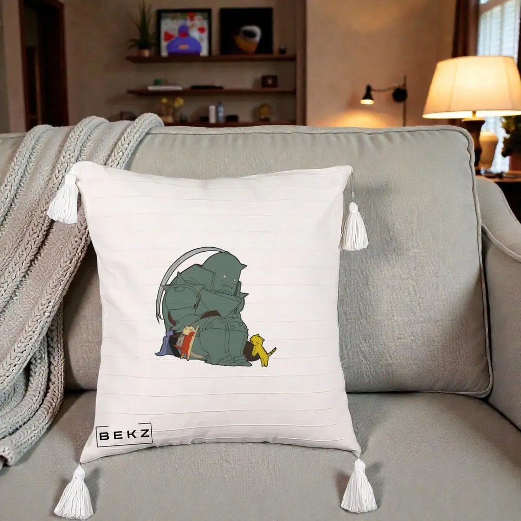 Perna Personalizata Fullmetal Alchemist Alphonse cu Pisici, 40x40 cm, Bej cu Franjuri, Husa Detasabila, Perna Inclusa, BEKZ®