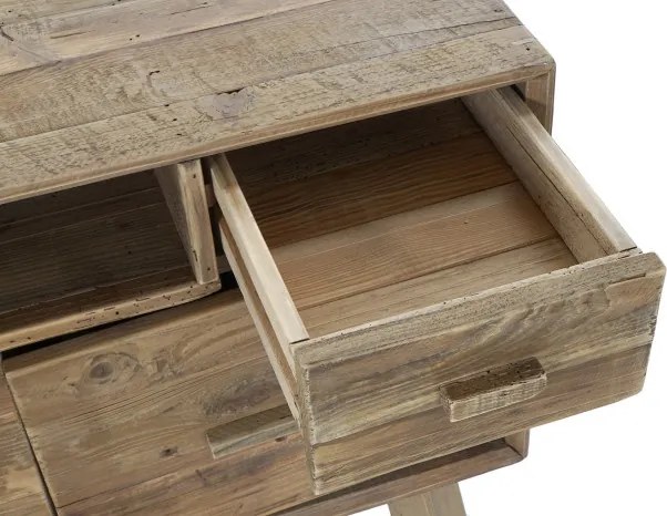 Comodă TV living din lemn reciclat, natur, cu 4 uși, 2 sertare, 2 nișe deschise și picioare oblice, finisaj antichizat, 65 x 180 x 48 cm, „Aubeline”