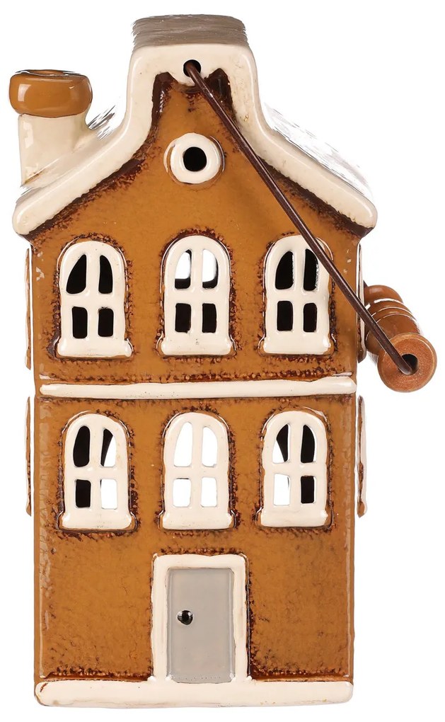 Suport de lumânare Casa cu mâner, maro, ceramică, 13 x 10 x 37 cm