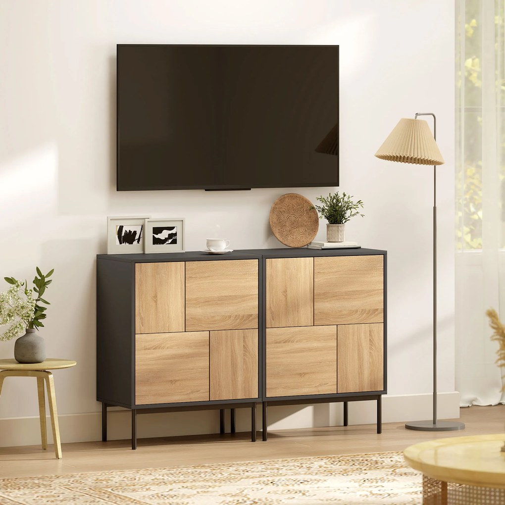 HOMCOM Sideboard cu uși push-to-open, dulap pentru sufragerie cu picioare metalice, dulap de bucătărie, MDF, Negru+lemn natural | Aosom Romania