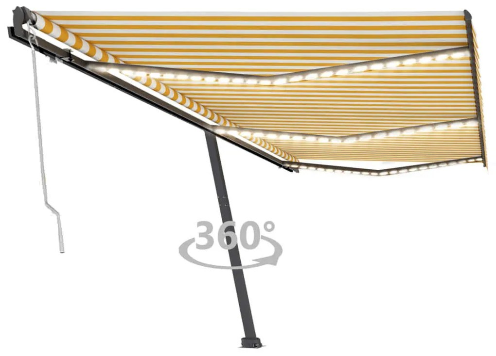 vidaXL Copertină automată cu senzor vânt &amp; LED, galben&amp;alb, 600x300 cm
