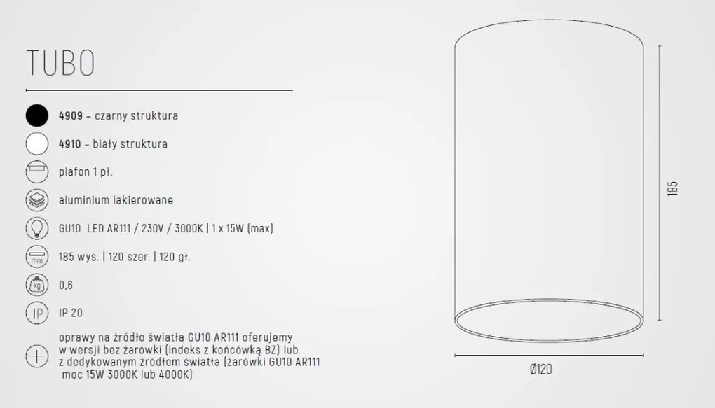 Spot aplicat design modern TUBO negru 12cm