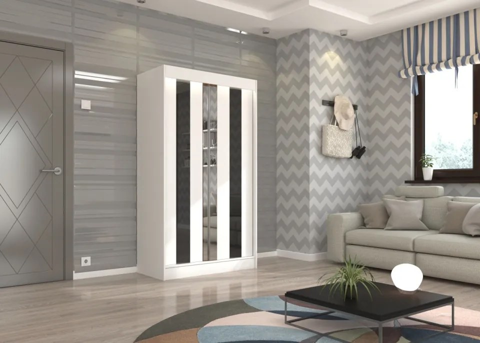 Dulap cu usi glisante si oglinda 120x215 cm, Keita, ADRK Furniture (Culoare: Negru / Alb Lacobel)