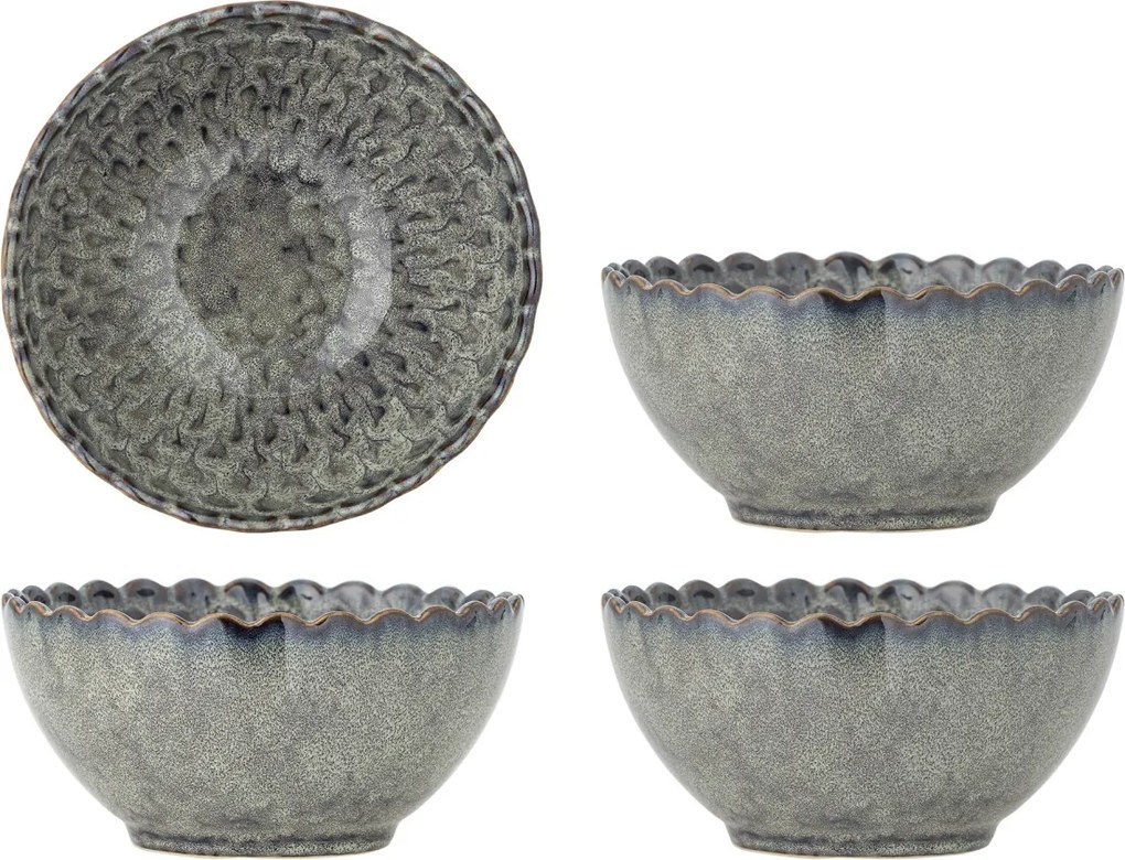 Set 4 boluri din ceramică, gri, margine ondulată și model marin în relief, glazură reactivă, 7,5 x 15,5 cm, „Katrina”
