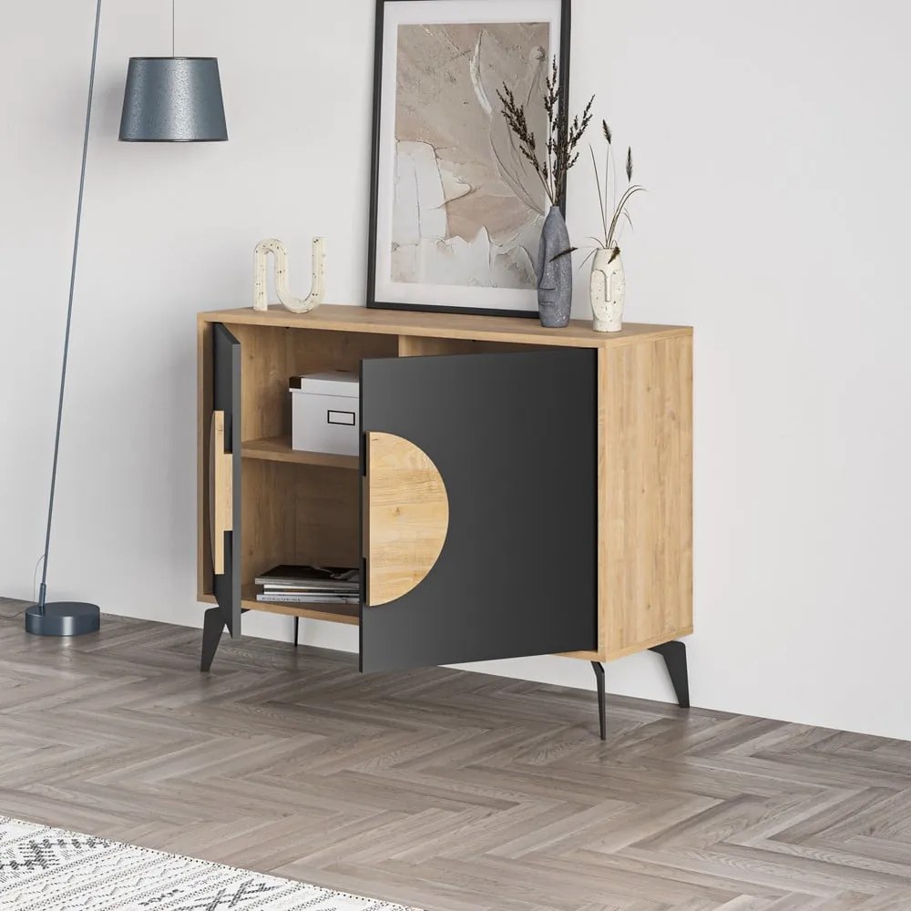 Comodă neagră/în culoare naturală joasă cu aspect de lemn de stejar 110x82 cm Vae – Marckeric