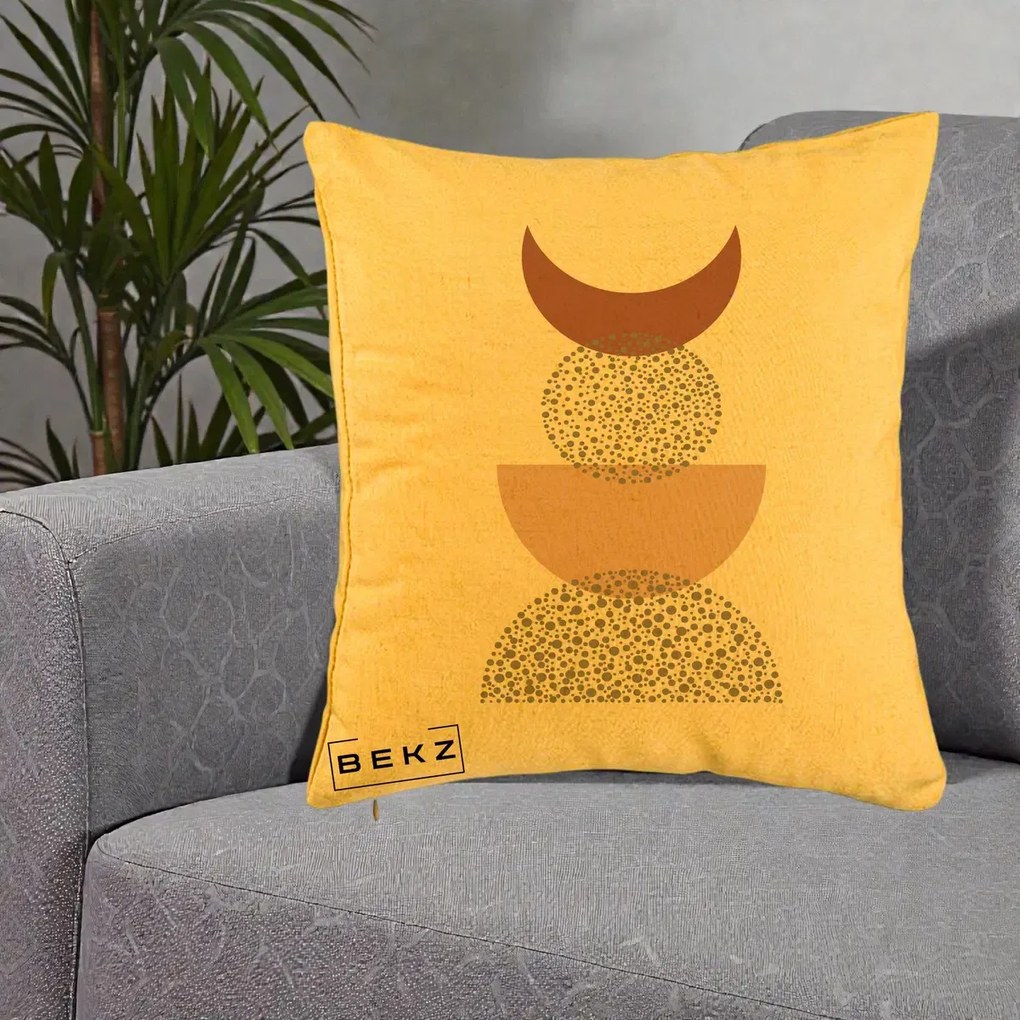Perna Decorativa Boho Luna Plina si Forme Punctate, 40x40 cm, Galben, Husa Detasabila, Perna Inclusa, BEKZ®