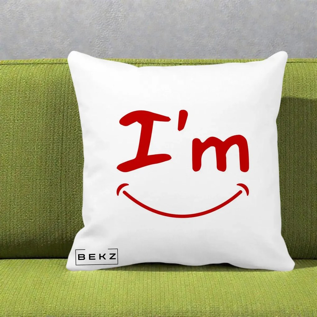 Perna Decorativa I'm Happy Smile, 40x40 cm, Alba Mata, Husa Detasabila, Perna Inclusa, BEKZ®