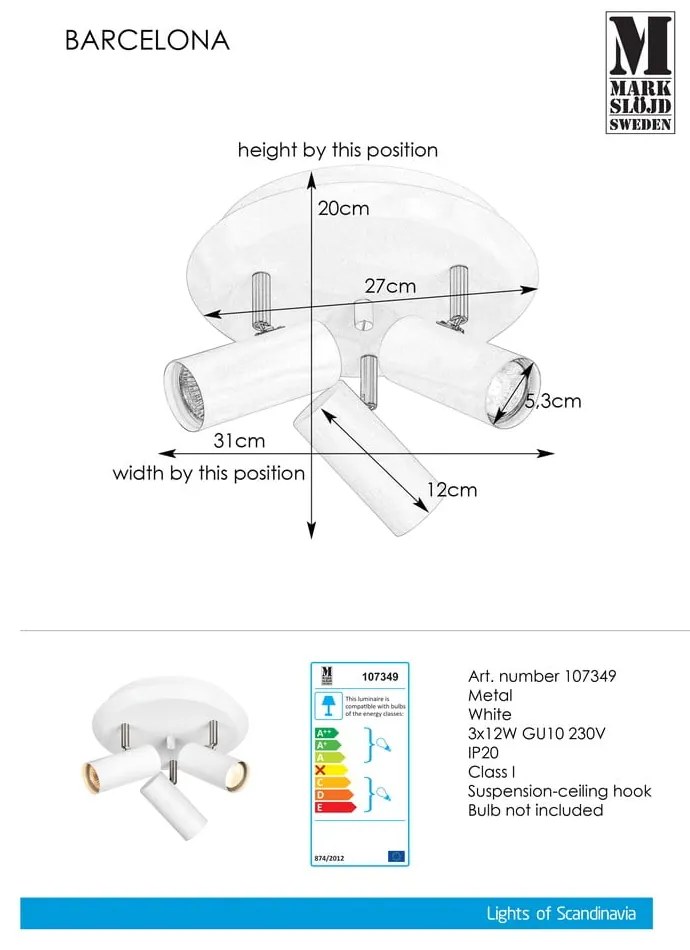 Aplică Markslöjd Barcelona Tres, alb