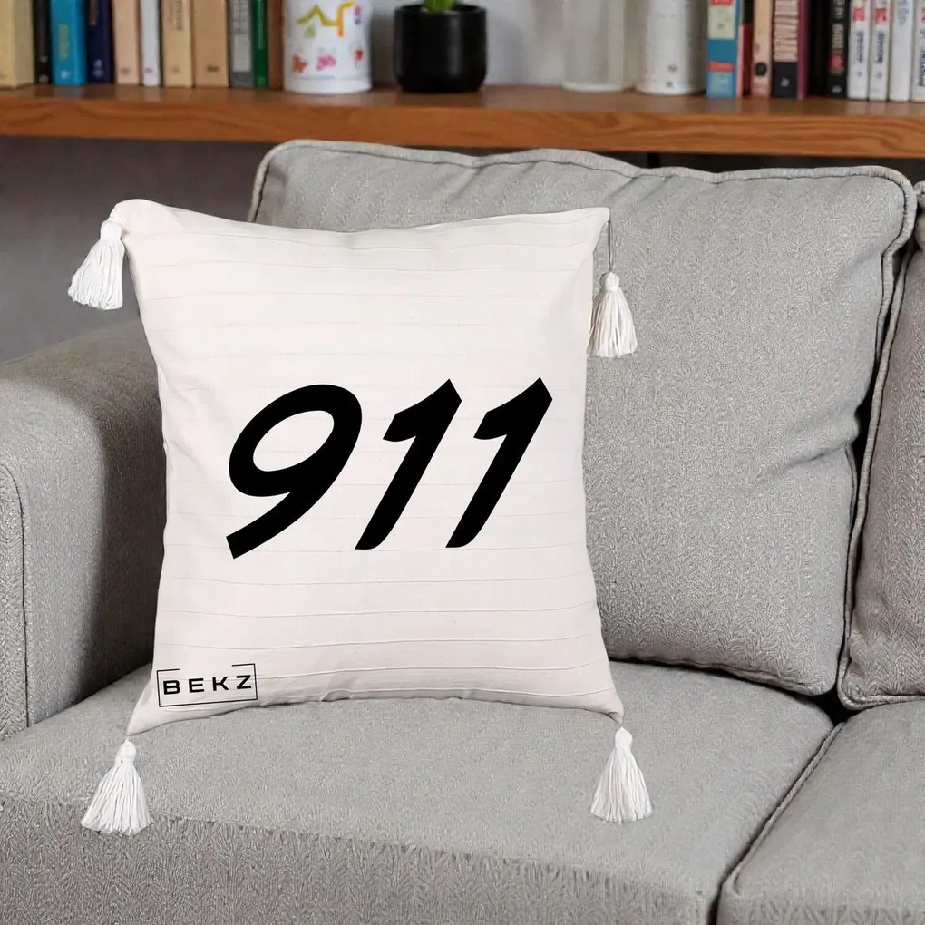 Perna Personalizata 911 Bold, 40x40 cm, Bej cu Franjuri, Husa Detasabila, Perna Inclusa, BEKZ®