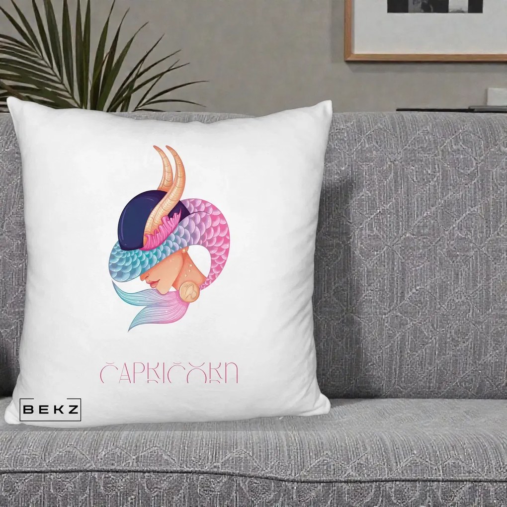 Perna Personalizata Zodiac Capricorn Cowgirl, 40x40 cm, Alb Pufos, Husa Detasabila, Perna Inclusa, BEKZ®