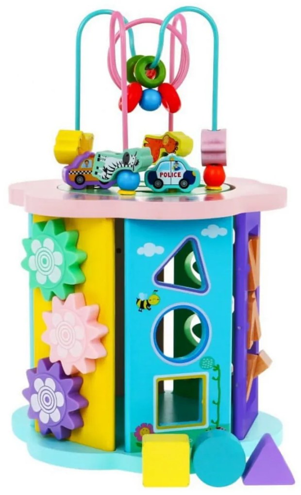 Cub educativ de tip Montessori din lemn masiv NOVOKIDS™ Supreme EduCube, 8 in 1, Cu forme geometrice, Labirint, Numaratoare si masinute, Motricitate