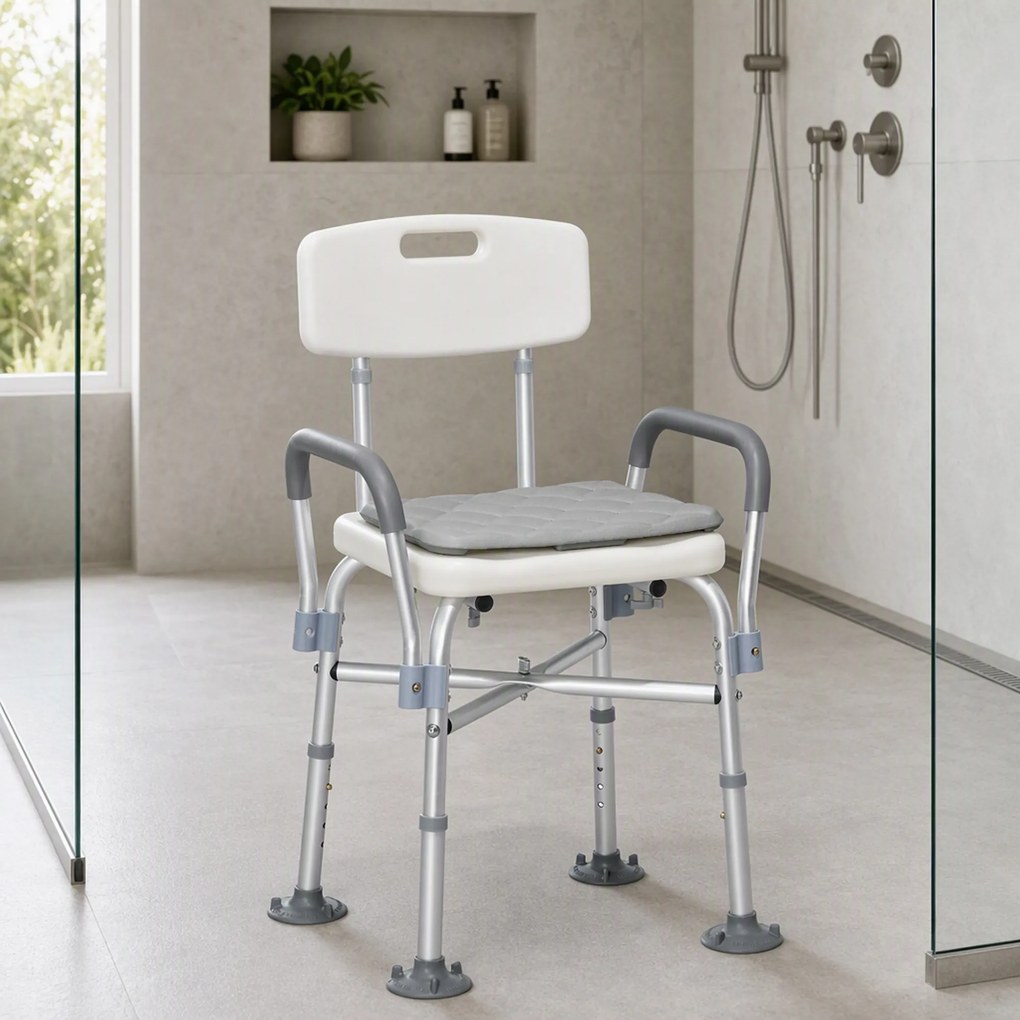 HOMCOM Scaun de Baie din Aluminiu Reglabil, cu Spătar și Brațe, Pernă Moale, Antialunecare, Alb | Aosom Romania