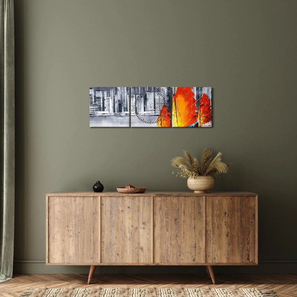 Tablou - Victoria Harbour, Hong Kong, pictură în ulei alb- negru (cu ceas) (90x30 cm)