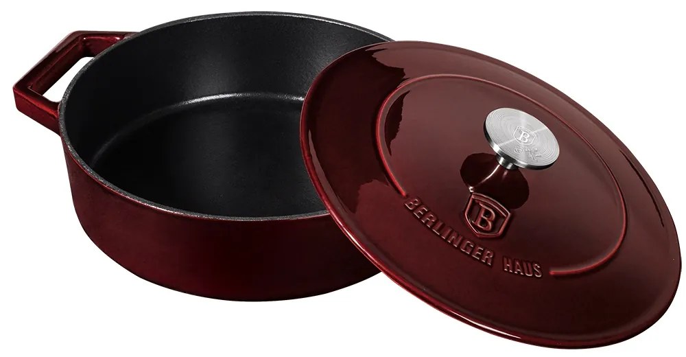 Cratiță din fontă emailată cu capac 26 cm, 2.5L – Berlinger Haus Burgundy Collection BH 6498, ideală pentru cuptor sau plită, gătit lent