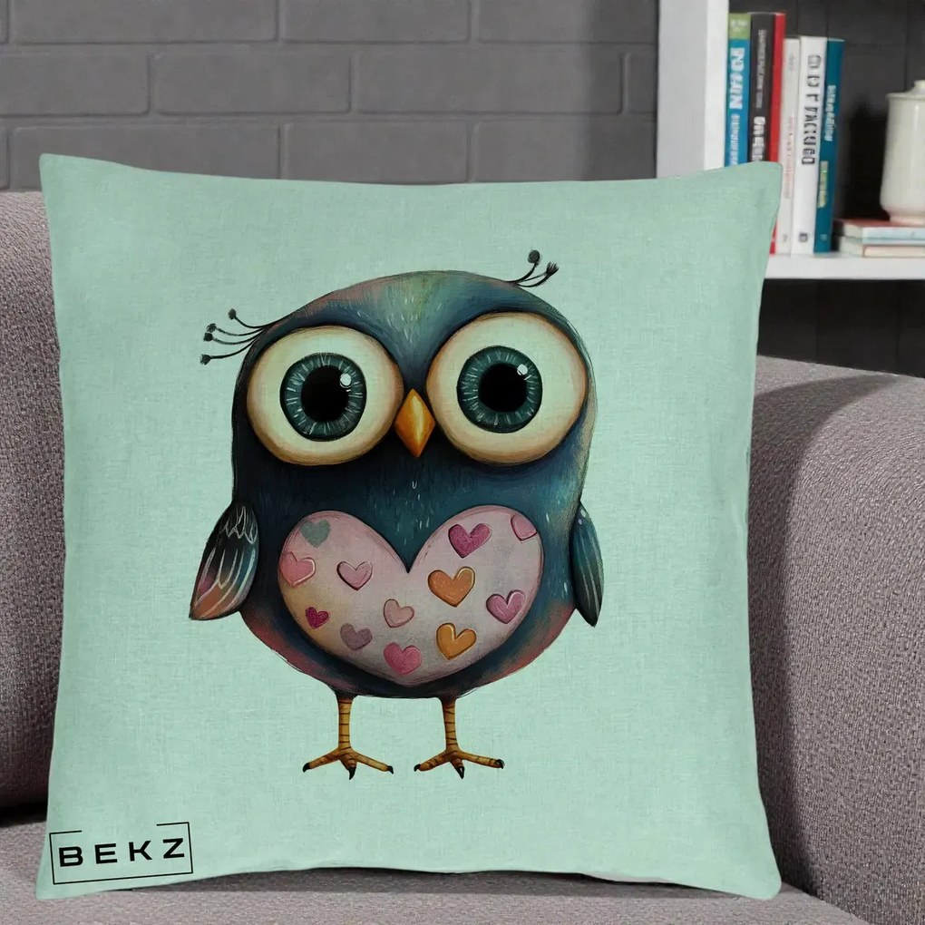 Perna Decorativa Bufnita cu Inimioare Roz, 40x40 cm, Verde Menta, Husa Detasabila, Perna Inclusa, BEKZ®