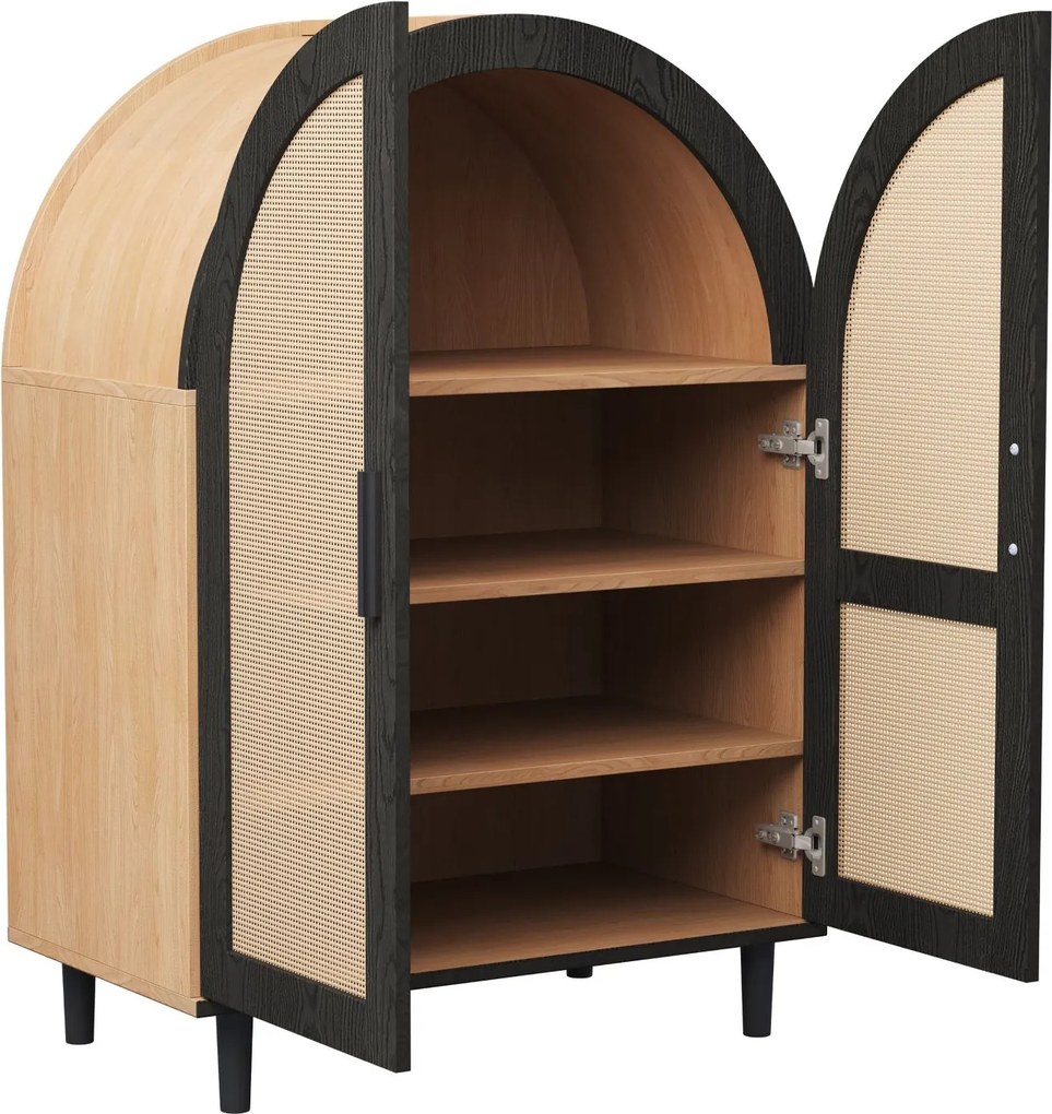 Dulap pentru pantofi cu exterior rotunjit, uși din ratan decupate și 3 rafturi, 70x40x100 cm, Culoare naturală+Negru