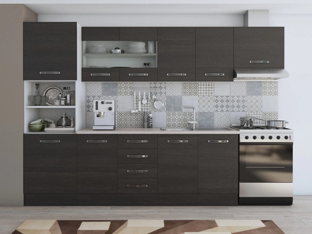 Bucatarie Alfabet cu corp soldat si vitrina, 300 cm, Wenge