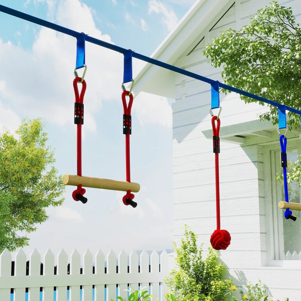 AIYAPLAY Parcurs de obstacole ninja pentru copii 10 accesorii 10 m, slackline și geantă de transport, albastru | Aosom Romania