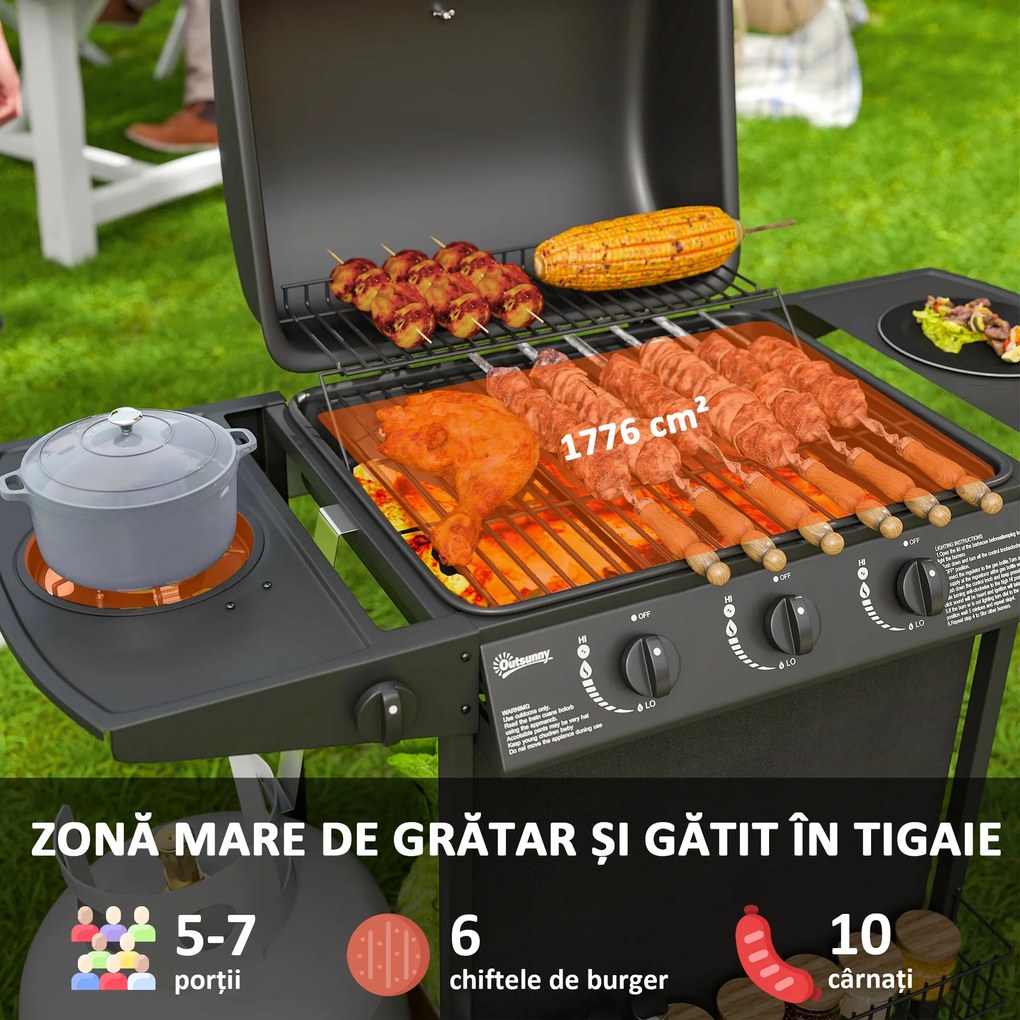 Outsunny Grătar pe Gaz cu Capac, Termometru, Masă Laterală și Tavă pentru Colectarea Grăsimii, 108x54x97 cm, Negru | Aosom Romania