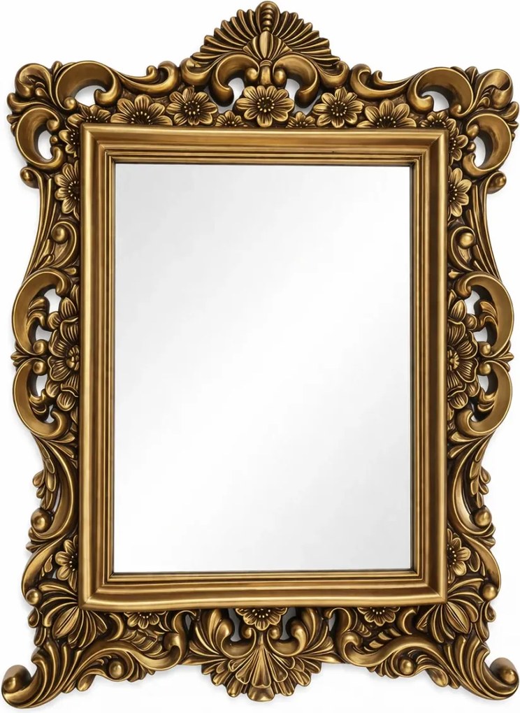 Oglindă decorativă de perete, ramă aurie antichizată, 64 × 84 cm