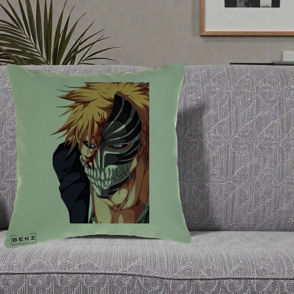 Perna Personalizata Bleach Ichigo Masca Hollow, 40x40 cm, Verde, Husa Detasabila, Perna Inclusa, BEKZ®