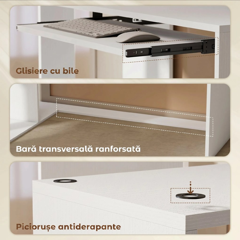 HOMCOM Birou pe Colț Modern cu Tavă Glisantă pentru Tastatură și Rafturi cu 4 Nivele, Alb | Aosom Romania