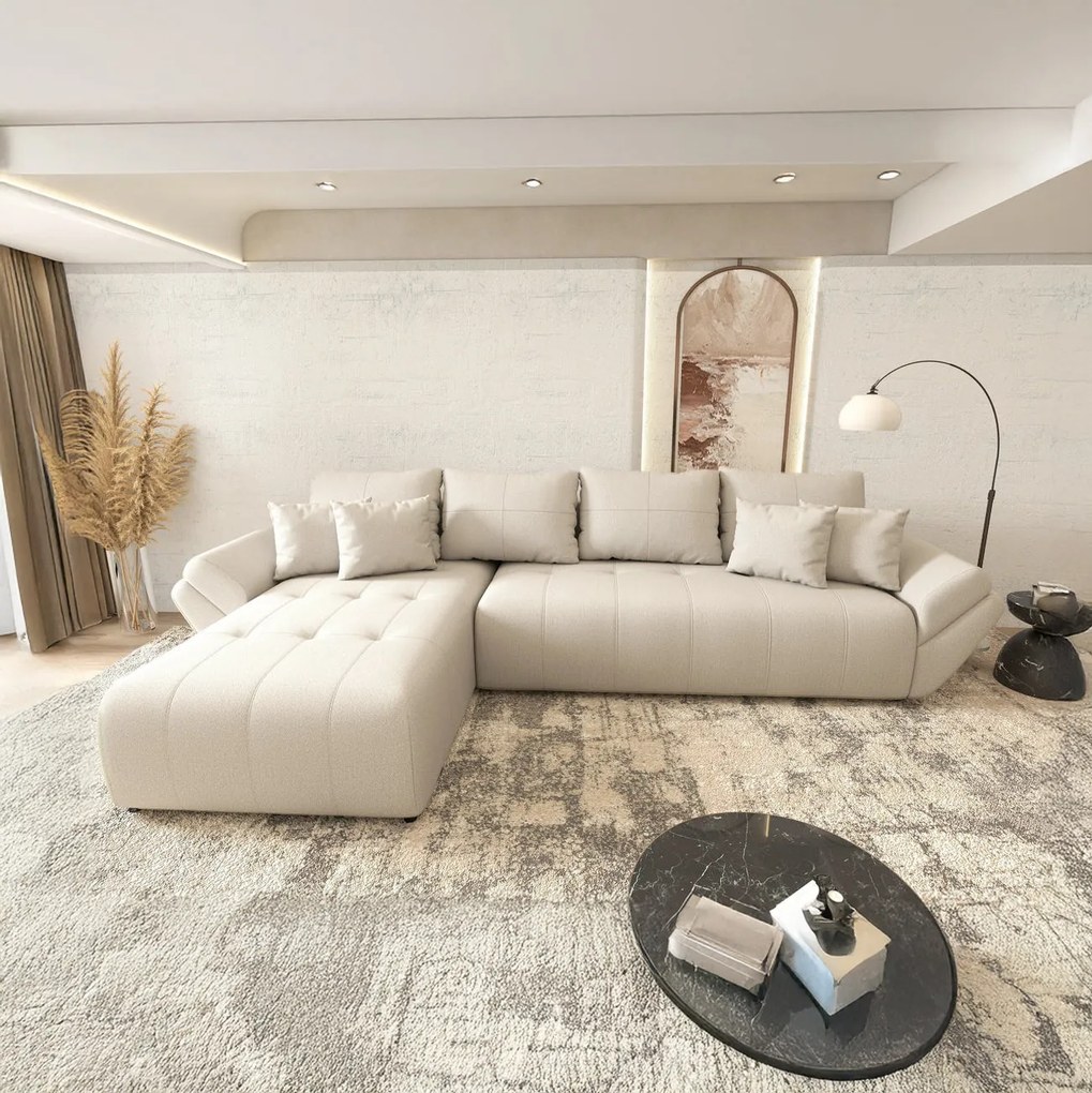 Colțar extensibil dumonde cu ladă de depozitare si sezut confortabil din spuma high-density, Berlin XL Enjoy Beige 350x185 cm