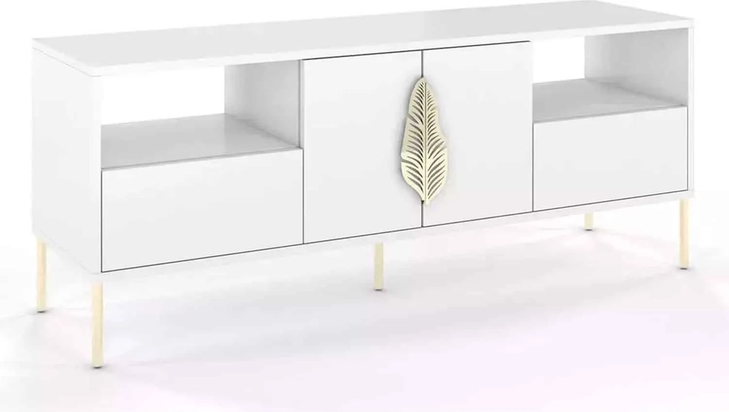 Comodă TV lemn masiv Merlin Personalizabilă Accesorii placate cu Aur, 136 × 40 × 60 cm - Alb