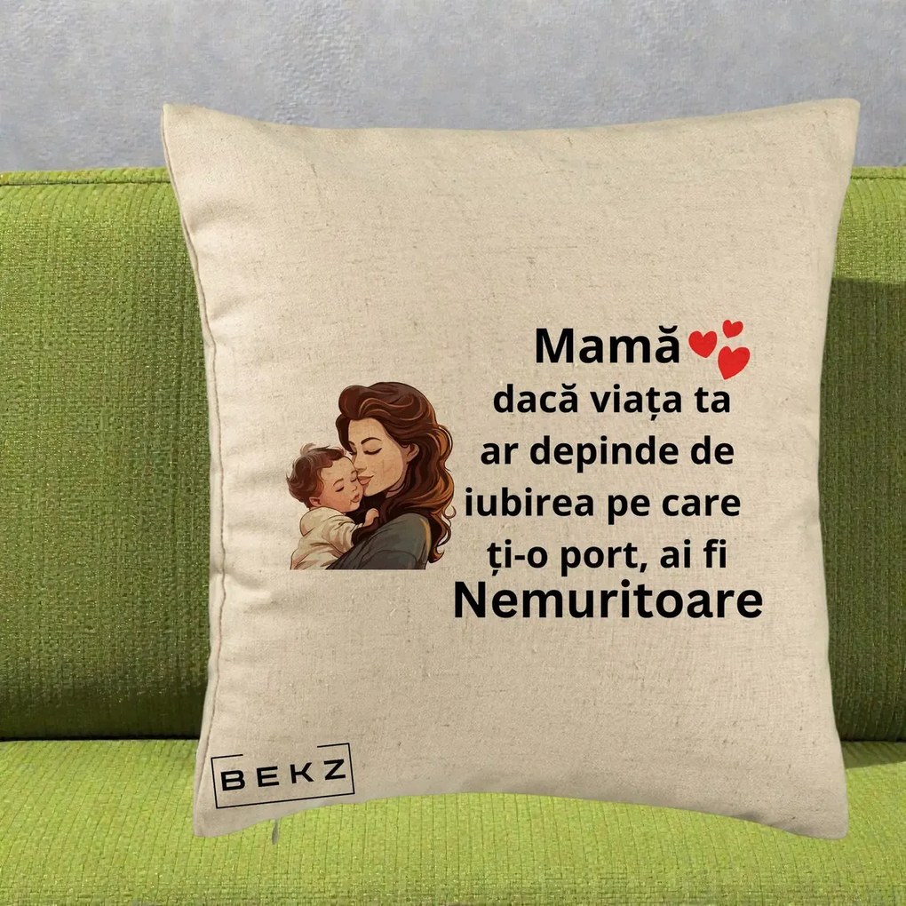 Cadou pentru Mama - Perna Personalizata Mama Nemuritoare cu Bebelus Lineart, 40x40 cm, Bej, Husa Detasabila, Perna Inclusa, BEKZ®