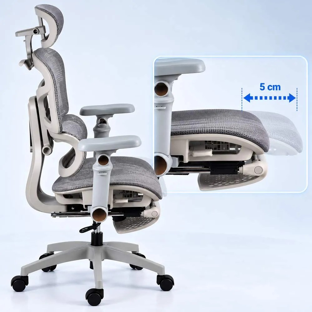 Scaun de birou ergonomic din mesh cu brațe 7D, șezut culisant și tetieră reglabilă 3D SYYT 9524 gri