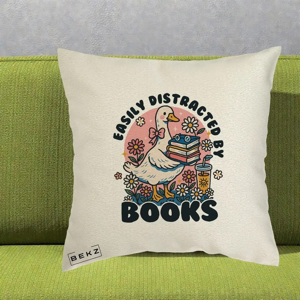 Perna Personalizata Easily Distracted by Books, 40x40 cm, Ecru, Husa Detasabila, Perna Inclusa, BEKZ®