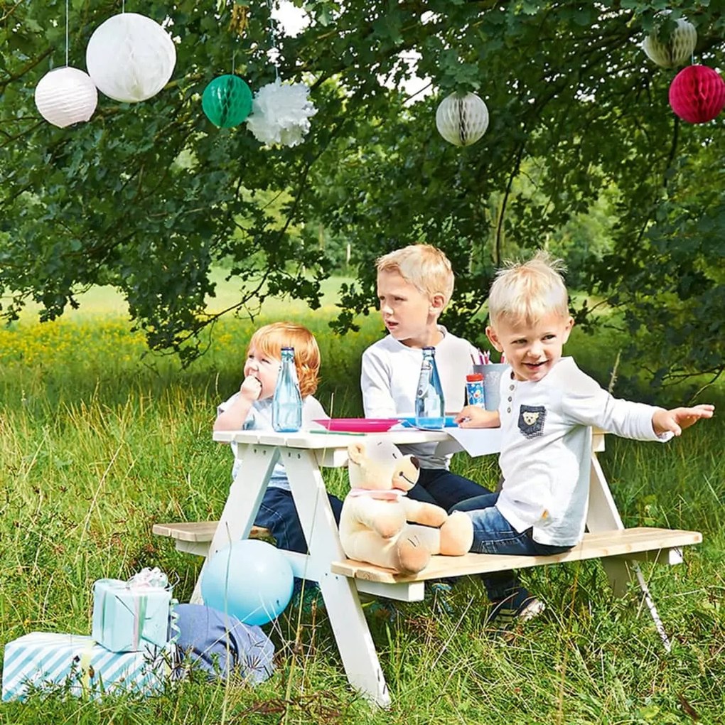 427751 Pinolino Masă de picnic pentru copii cu bănci Nicki für 4, alb, lemn