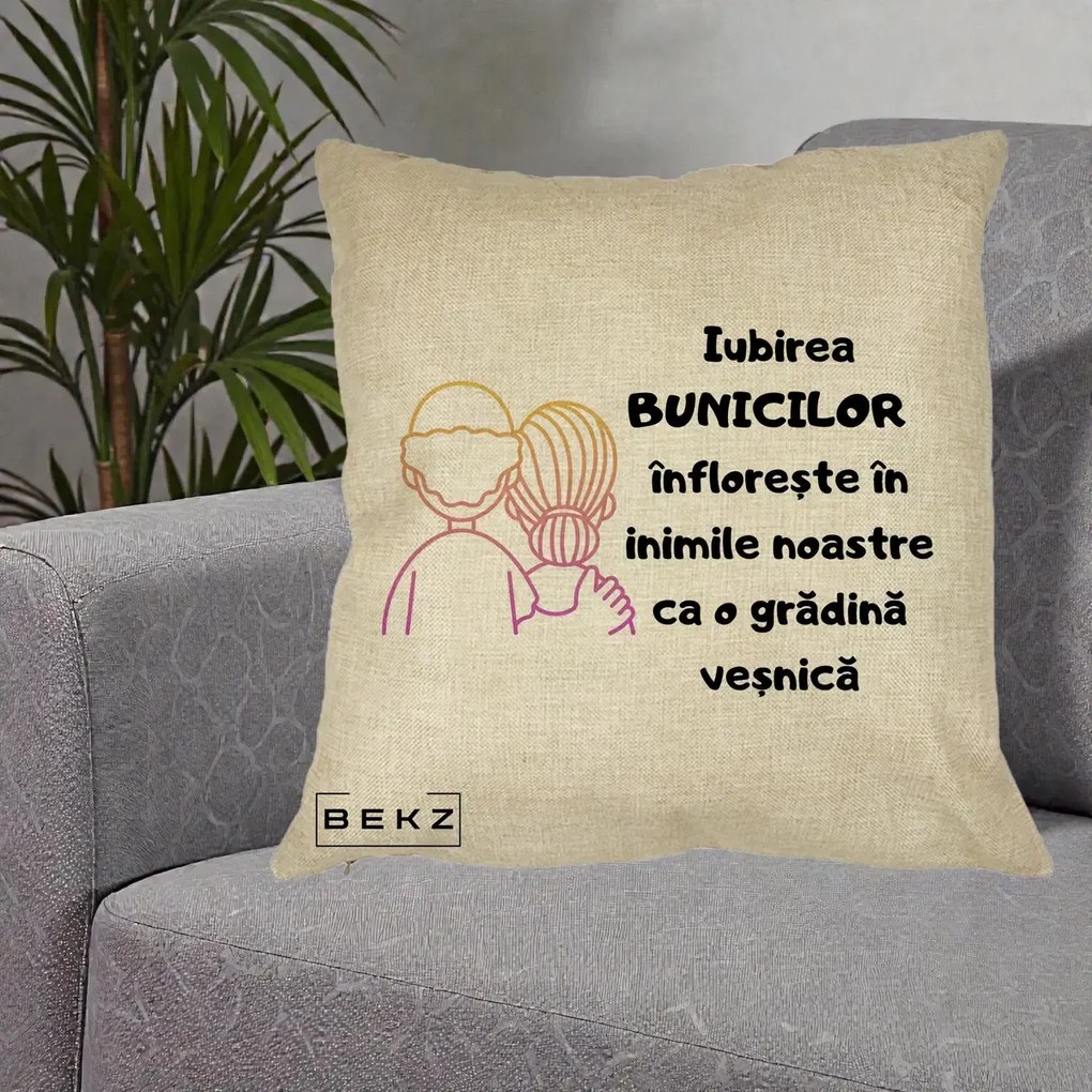 Cadou pentru Bunici - Perna Personalizata Iubirea Bunicilor Infloreste Cuplu Line Art Gradient, 40x40 cm, Crem, Husa Detasabila, Perna Inclusa, BEKZ®