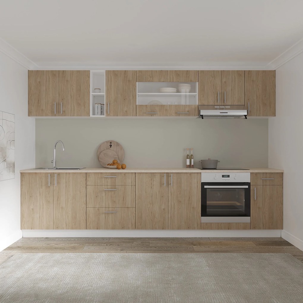 Set Bucatarie Karo V28, Lemn Natural/Alb, Blat Thermo 28 mm, L 320 cm