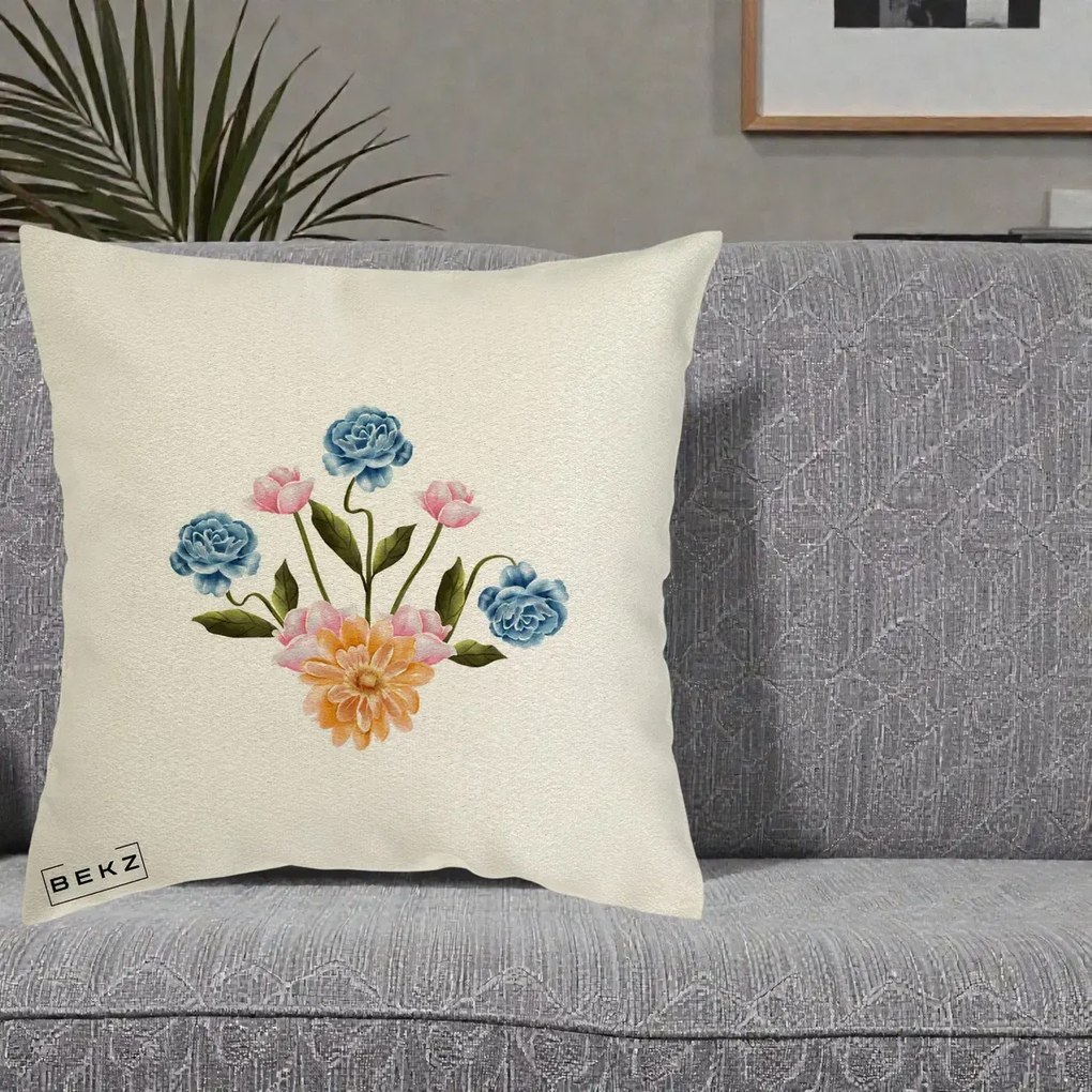 Perna Decorativa Buchet Primavara Acuarela, 40x40 cm, Ecru, Husa Detasabila, Perna Inclusa, BEKZ®