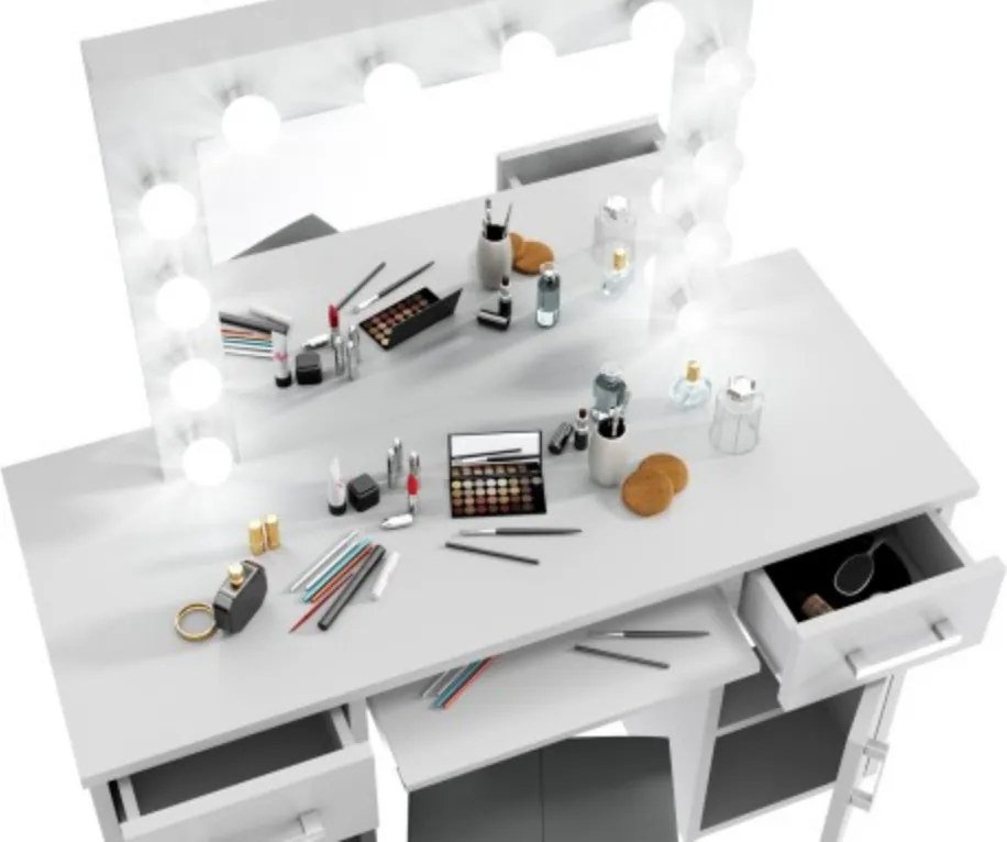 Masuta machiaj cu Oglinda LED si 2 Sertare pentru Cosmetice, Set Masa toaleta 120 cm, Alb, masuta cosmetica, vanity - SEA507