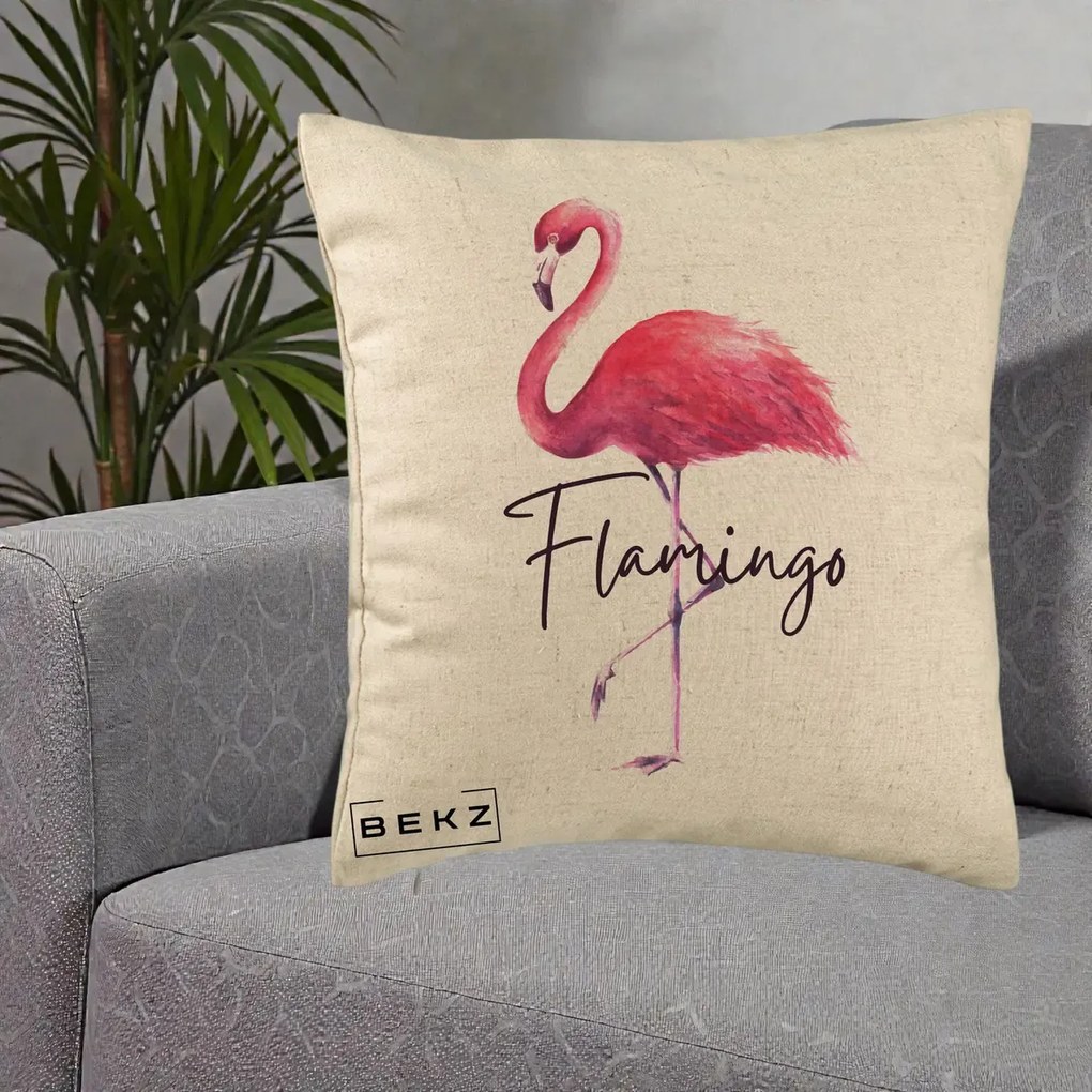 Perna Decorativa Flamingo Acuarela, 40x40 cm, Bej, Husa Detasabila, Perna Inclusa, BEKZ®