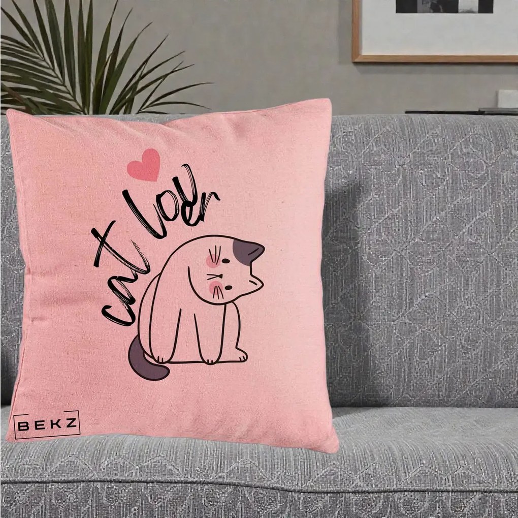Perna Personalizata Cat Lover Pisica Ilustratie Linie, 40x40 cm, Roz, Husa Detasabila, Perna Inclusa, BEKZ®