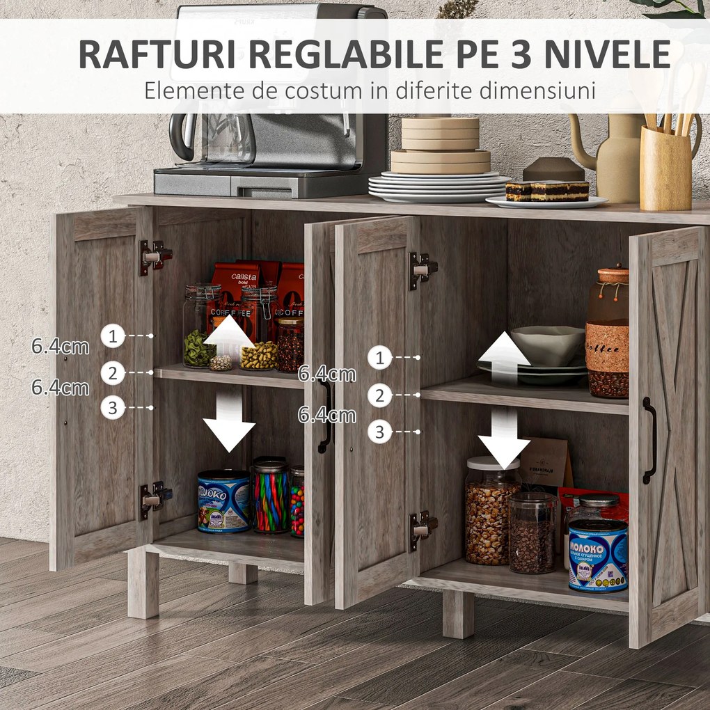 HOMCOM Dulap în Stil Rustic cu 2 Rafturi Reglabile pentru Depozitare, Dulap pentru TV cu 4 Uși, 120x37x75 cm, Gri | Aosom Romania