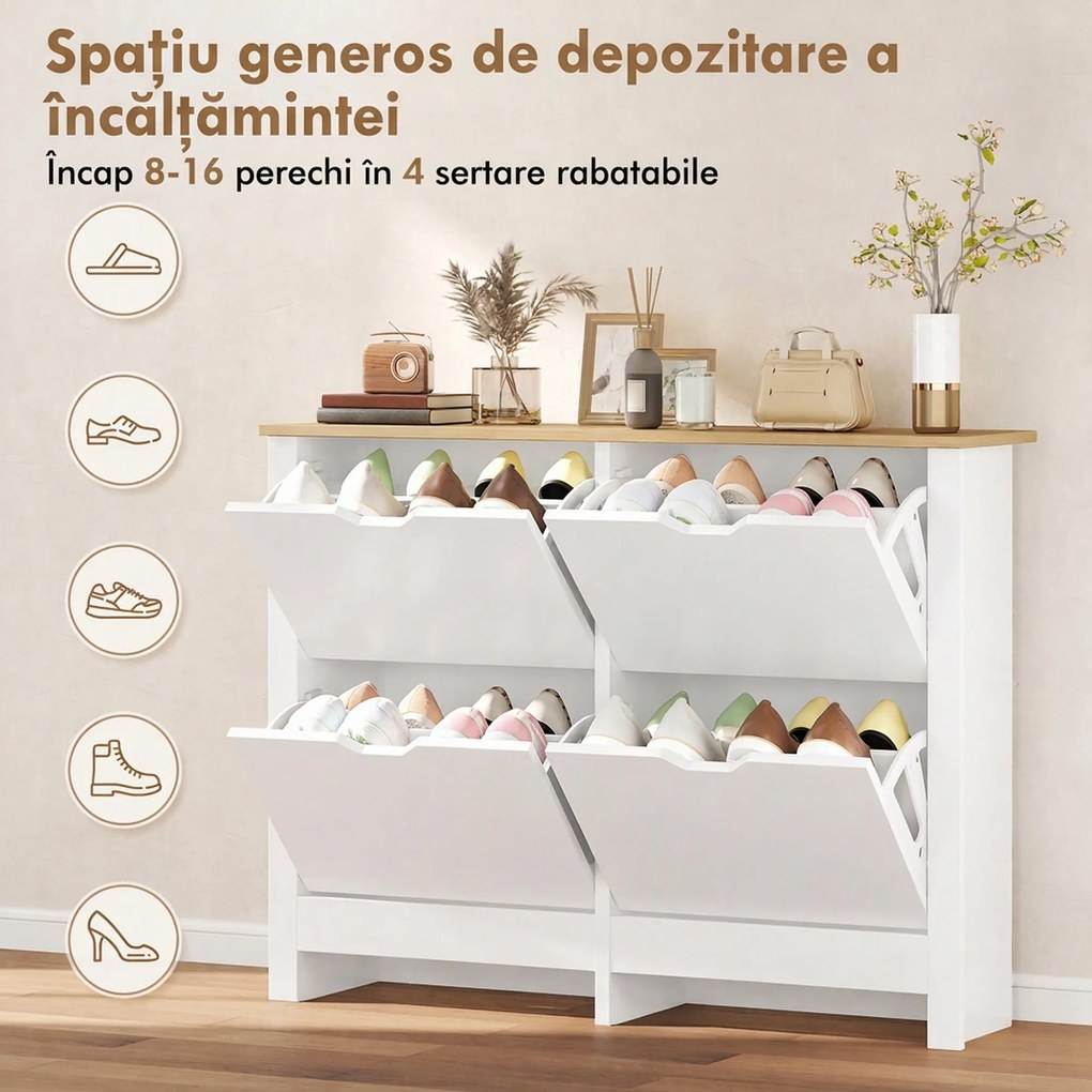 HOMCOM Pantofar Modern pentru max. 16 Perechi, cu 4 Sertare Reglabile și Detașabile, din Lemn, 105x26x80 cm, Alb | Aosom Romania