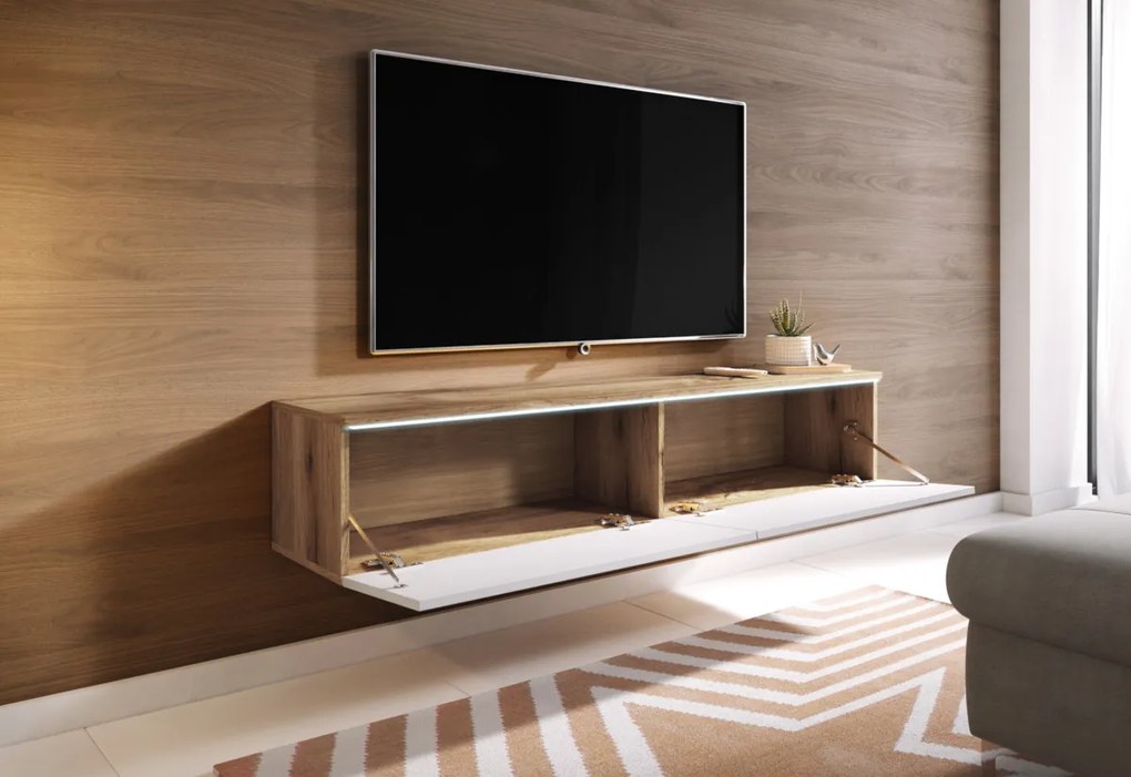 Supermobel Comoda TV LOWBOARD D 180, 180x30x32, stejar wotan/alb luciu + LED