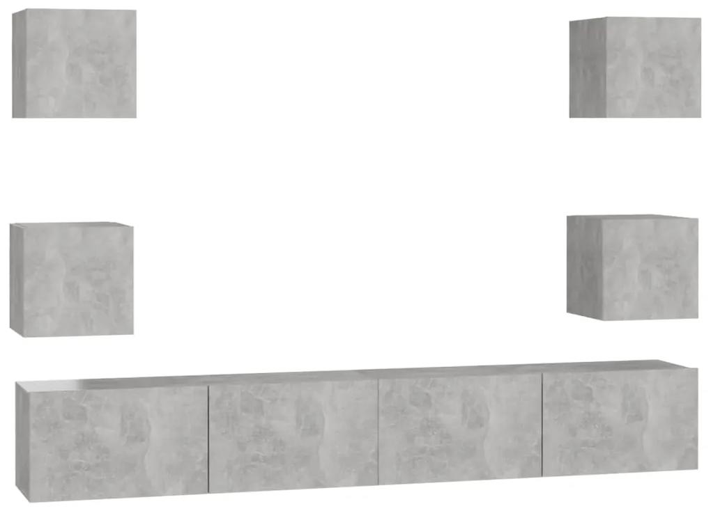 Set dulap TV, 6 piese, gri beton, lemn prelucrat 1, Gri beton, 100 x 30 x 30 cm