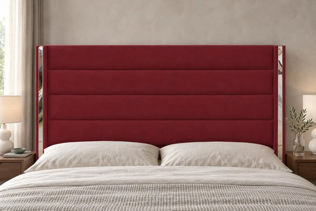 Pat tapițat din catifea Veyra 120×200 cm, vișiniu, detalii argintii, cu ladă de depozitare