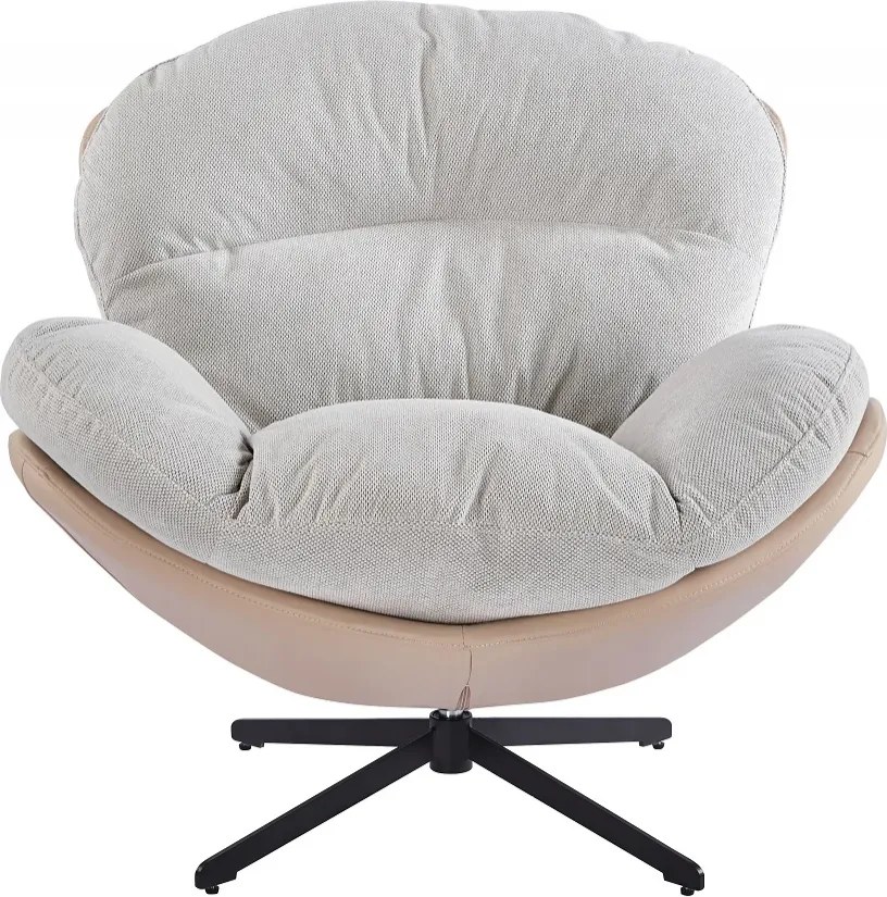 Fotoliu Lounge Rotativ 360° cu Pernă Extra Confort, Tapiterie Linen + PU, Bază Metalică Neagră, Design Modern, Alb